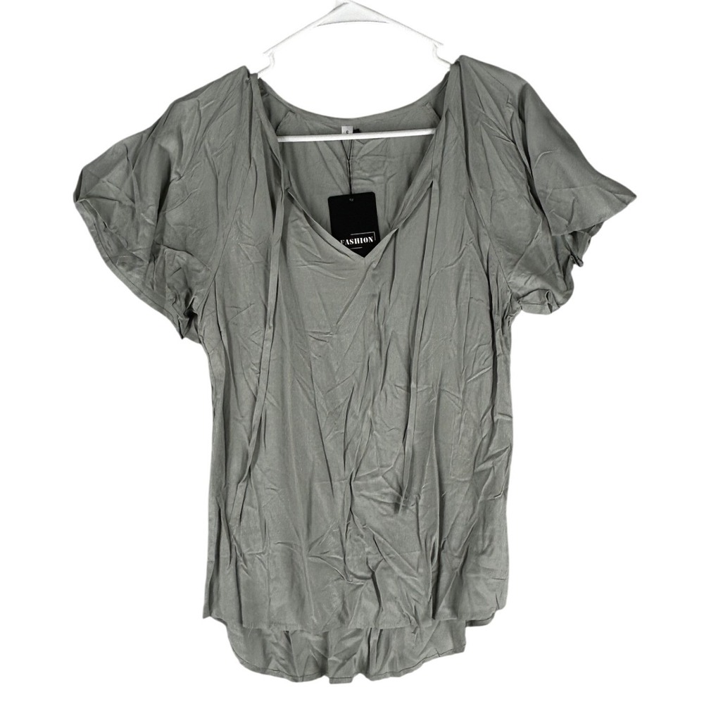 Kohl's Muted Light Green Short Sleeved Blouse Tie Neck Curved Hem Women's S NWT